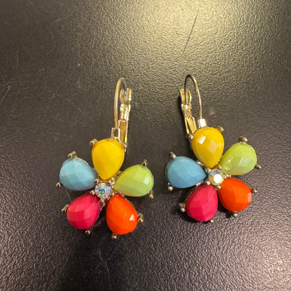 Flower Drop Earrings Womens OS Multicolor Rainbow Crystal Petal Leverback I-1